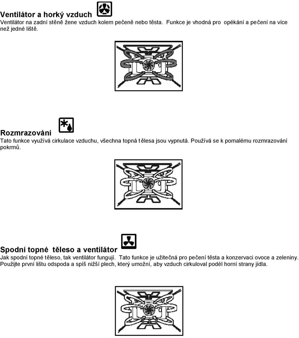 Rozmrazování Tato funkce využívá cirkulace vzduchu, všechna topná tělesa jsou vypnutá. Používá se k pomalému rozmrazování pokrmů.