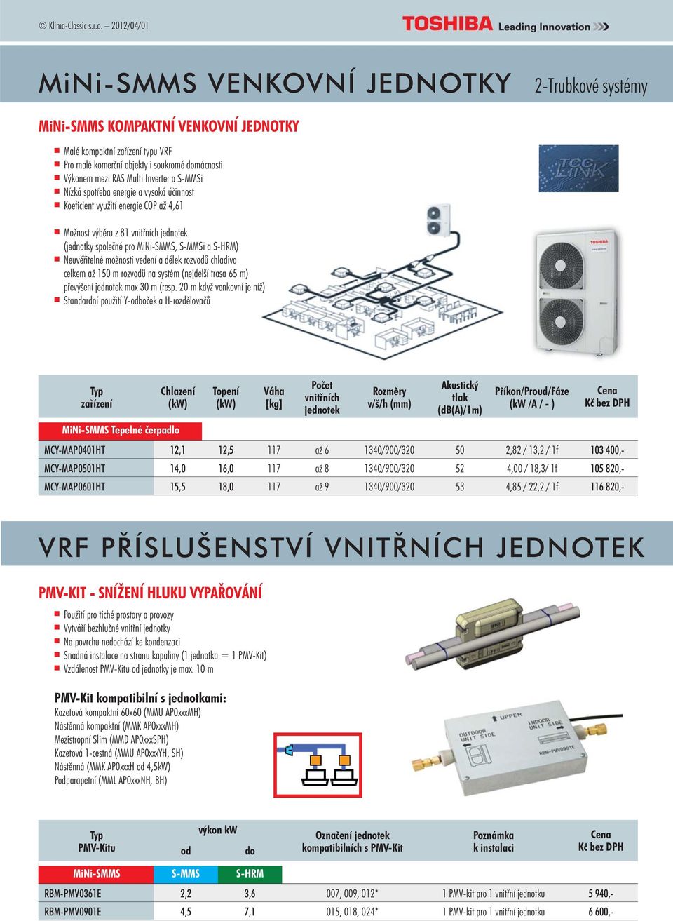 Inverter a S-MMSi Nízká spotřeba energie a vysoká účinnost Koefi cient využití energie COP až 4,61 Možnost výběru z 81 vnitřních jednotek (jednotky společné pro MiNi-SMMS, S-MMSi a S-HRM)