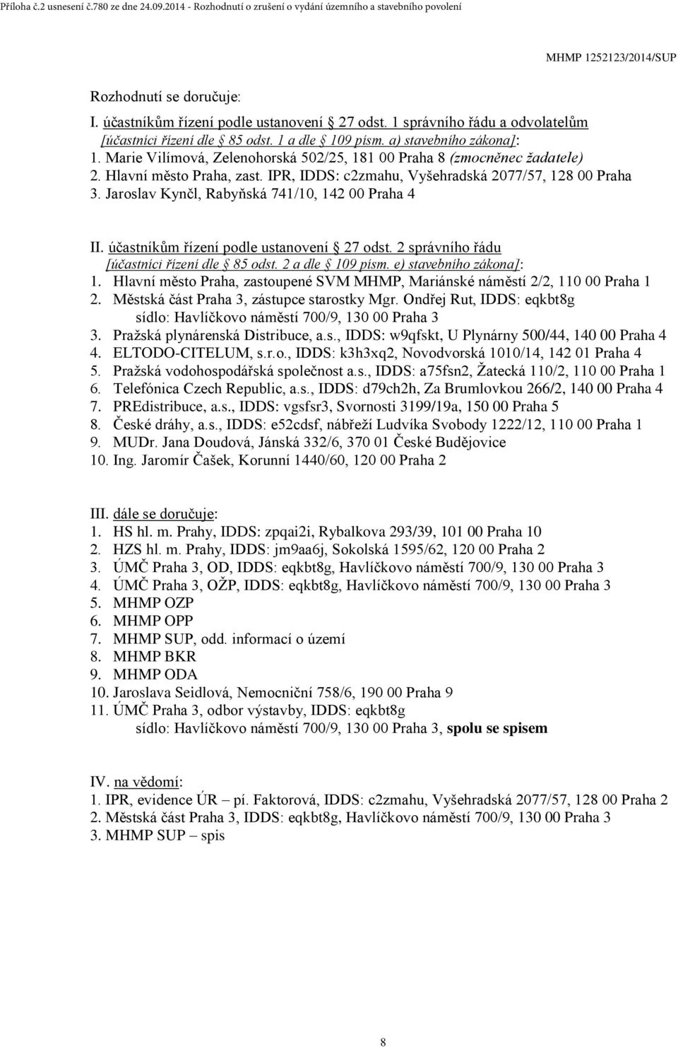 Jaroslav Kynčl, Rabyňská 741/10, 142 00 Praha 4 II. účastníkům řízení podle ustanovení 27 odst. 2 správního řádu [účastníci řízení dle 85 odst. 2 a dle 109 písm. e) stavebního zákona]: 1.