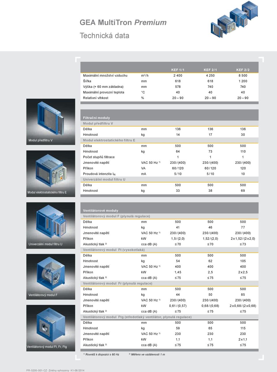 Modul elektrostatického filtru E Hmotnost kg 64 73 110 Počet stupňů filtrace 1 1 1 Jmenovité napětí VAC 50 Hz 1) 230 / (400) 230 / (400) 230 / (400) Příkon VA 60 / 120 60 / 120 120 Proudová intenzita