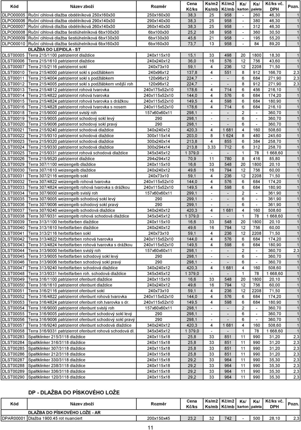 958-380 46,30 1 DLPO00007 Ruční cihlová dlažba obdélníková 260x140x30 260x140x30 38,3 25 958-312 46,30 1 DLPO00008 Ruční cihlová dlažba šestiúhelníková 6bx100x30 6bx100x30 25,2 38 958-360 30,50 1