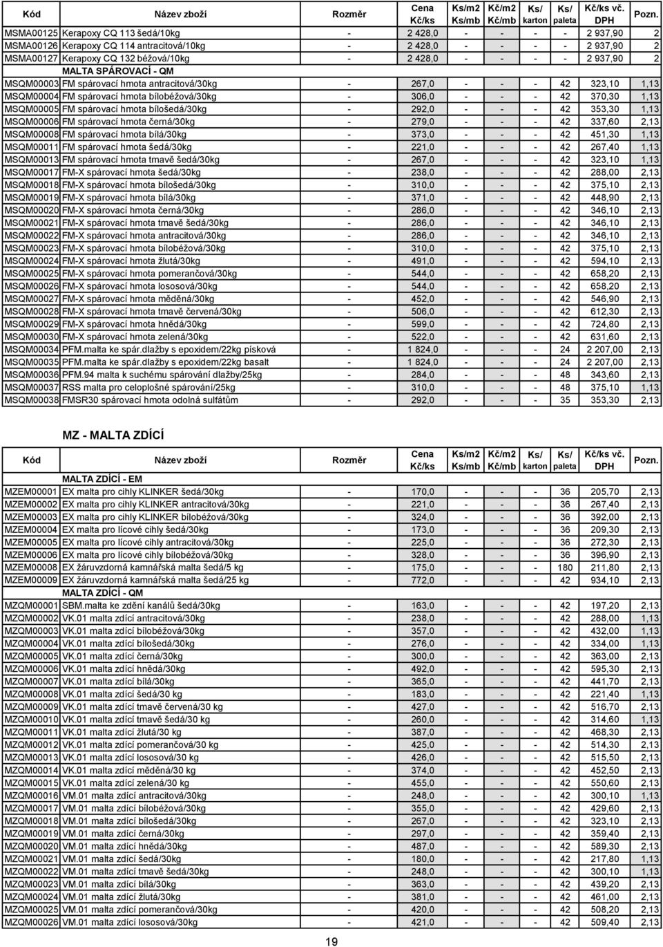 béžová/10kg - 2 428,0 - - - - 2 937,90 2 MALTA SPÁROVACÍ - QM MSQM00003 FM spárovací hmota antracitová/30kg - 267,0 - - - 42 323,10 1,13 MSQM00004 FM spárovací hmota bílobéžová/30kg - 306,0 - - - 42