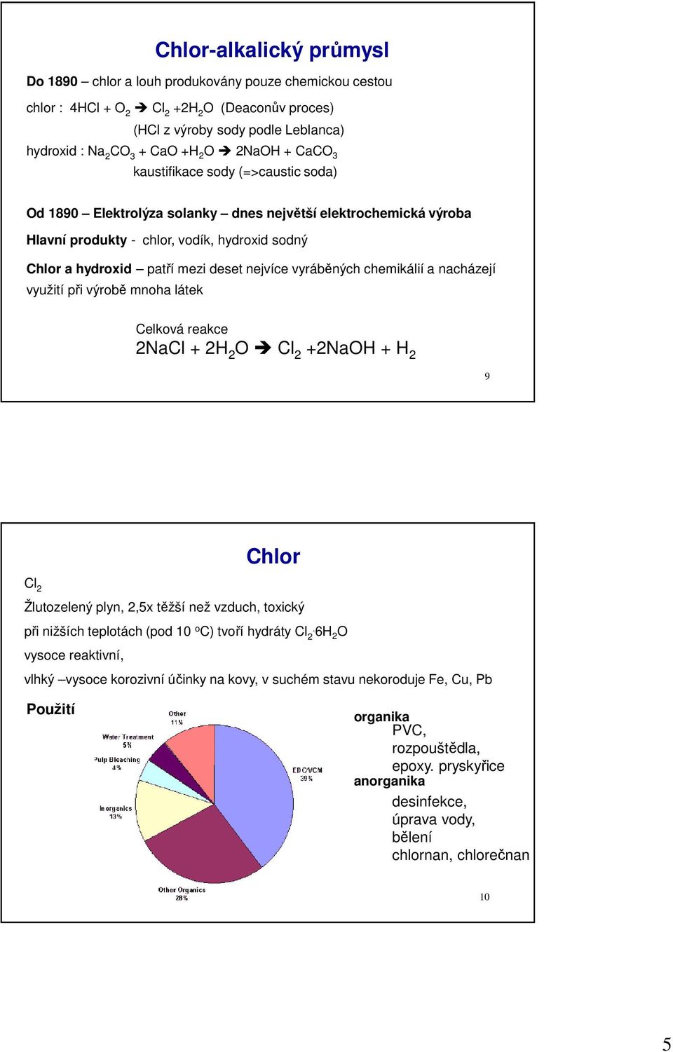 nejvíce vyráběných chemikálií a nacházejí využití při výrobě mnoha látek Celková reakce 2NaCl + 2H 2 O Cl 2 +2NaOH + H 2 9 Chlor Cl 2 Žlutozelený plyn, 2,5x těžší než vzduch, toxický při nižších