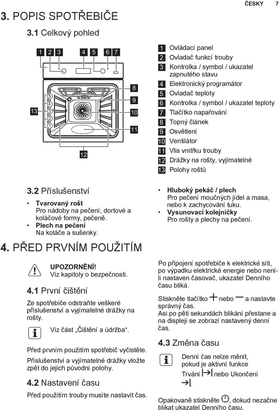 6 Kontrolka / symbol / ukazatel teploty 7 Tlaèítko napaøování 8 Topnı èlánek 9 Osvìtlení 10 Ventilátor 11 Vlis vnitøku trouby 12 Drá ky na ro ty, vyjímatelné 13 Polohy ro tù 3.