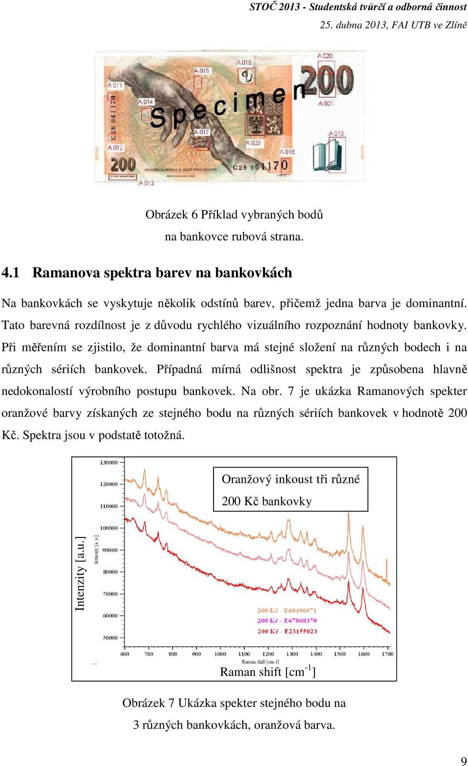 Případná mírná odlišnost spektra je způsobena hlavně nedokonalostí výrobního postupu bankovek. Na obr.