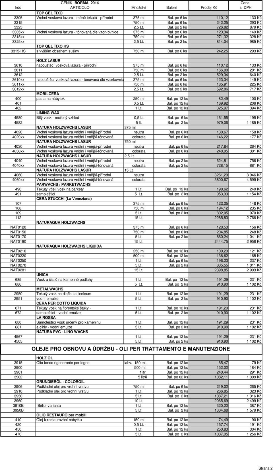 po 6 ks 242,25 293 Kč HOLZ LASUR 3610 napouštěcí vosková lazura - přírodní 375 ml Bal. po 6 ks 110,12 133 Kč 3611 750 ml Bal. po 6 ks 166,00 201 Kč 3612 2,5 Lt. Bal. po 2 ks 529,34 640 Kč 3610xx napouštěcí vosková lazura - tónovaná dle vzorkovnice 375 ml Bal.