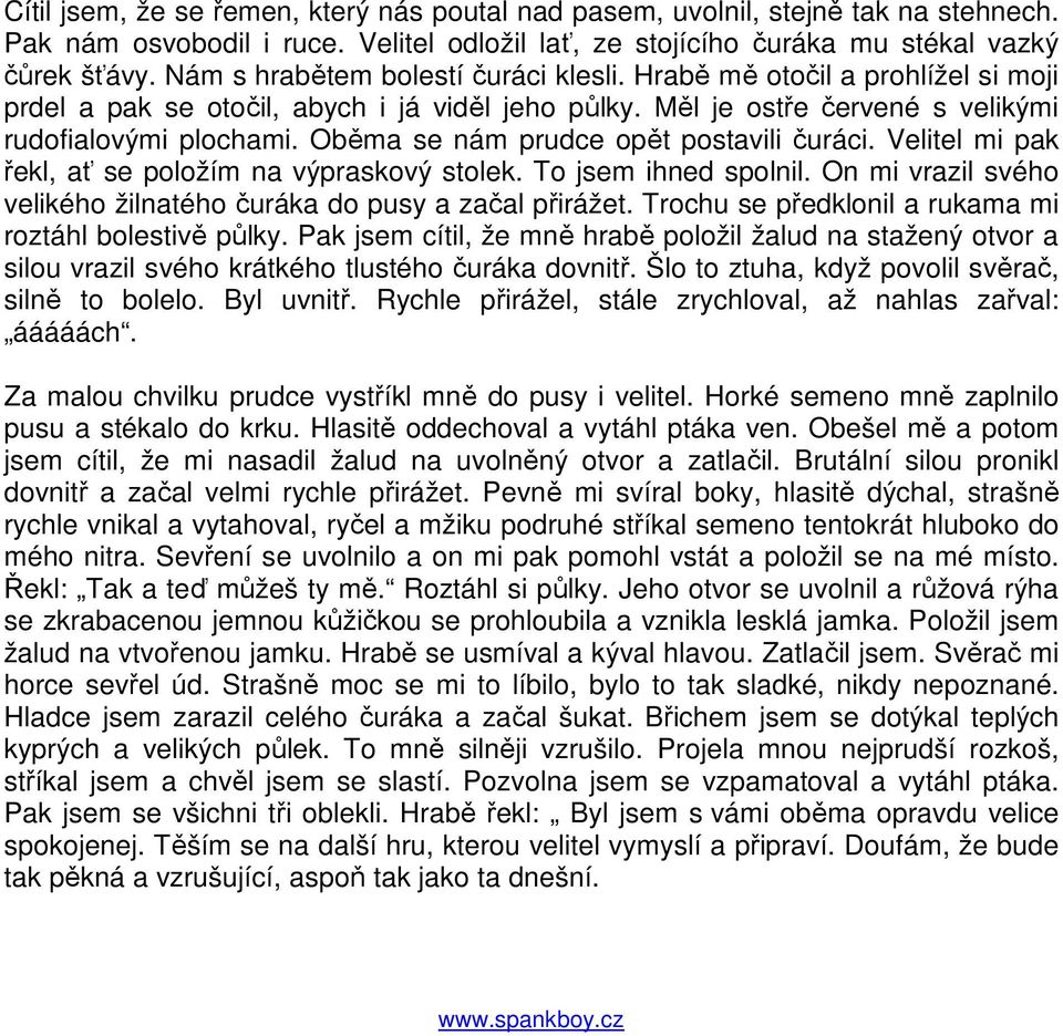 Oběma se nám prudce opět postavili čuráci. Velitel mi pak řekl, ať se položím na výpraskový stolek. To jsem ihned spolnil. On mi vrazil svého velikého žilnatého čuráka do pusy a začal přirážet.