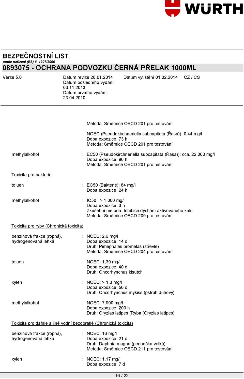 000 mg/l Doba expozice: 3 h Zkušební metoda: Inhibice dýchání aktivovaného kalu Metoda: Směrnice OECD 209 pro testování Toxicita pro ryby (Chronická toxicita) xylen methylalkohol : NOEC: 2,6 mg/l