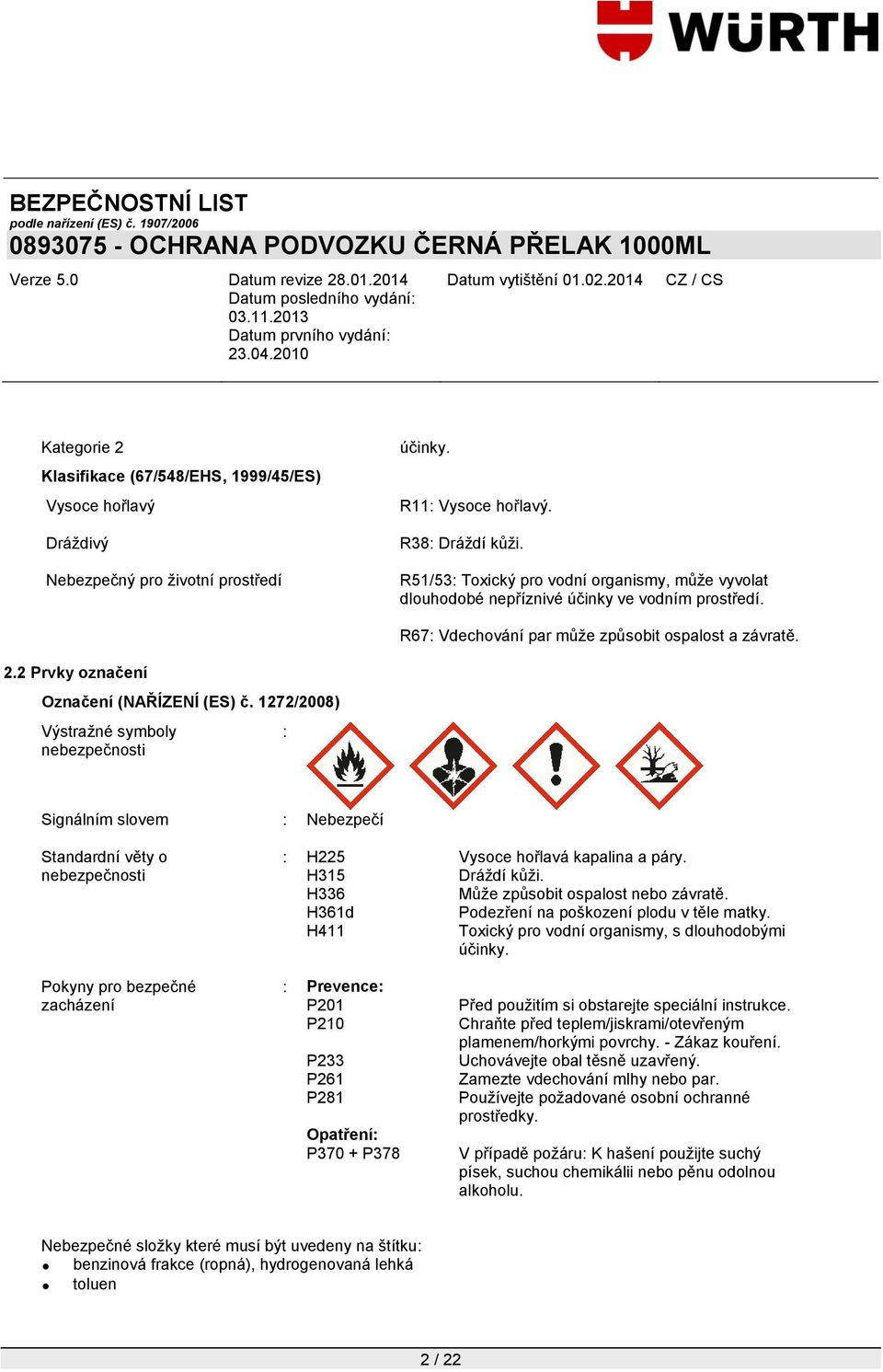 1272/2008) Výstraţné symboly nebezpečnosti : Signálním slovem : Nebezpečí Standardní věty o nebezpečnosti : H225 Vysoce hořlavá kapalina a páry. H315 Dráţdí kůţi.