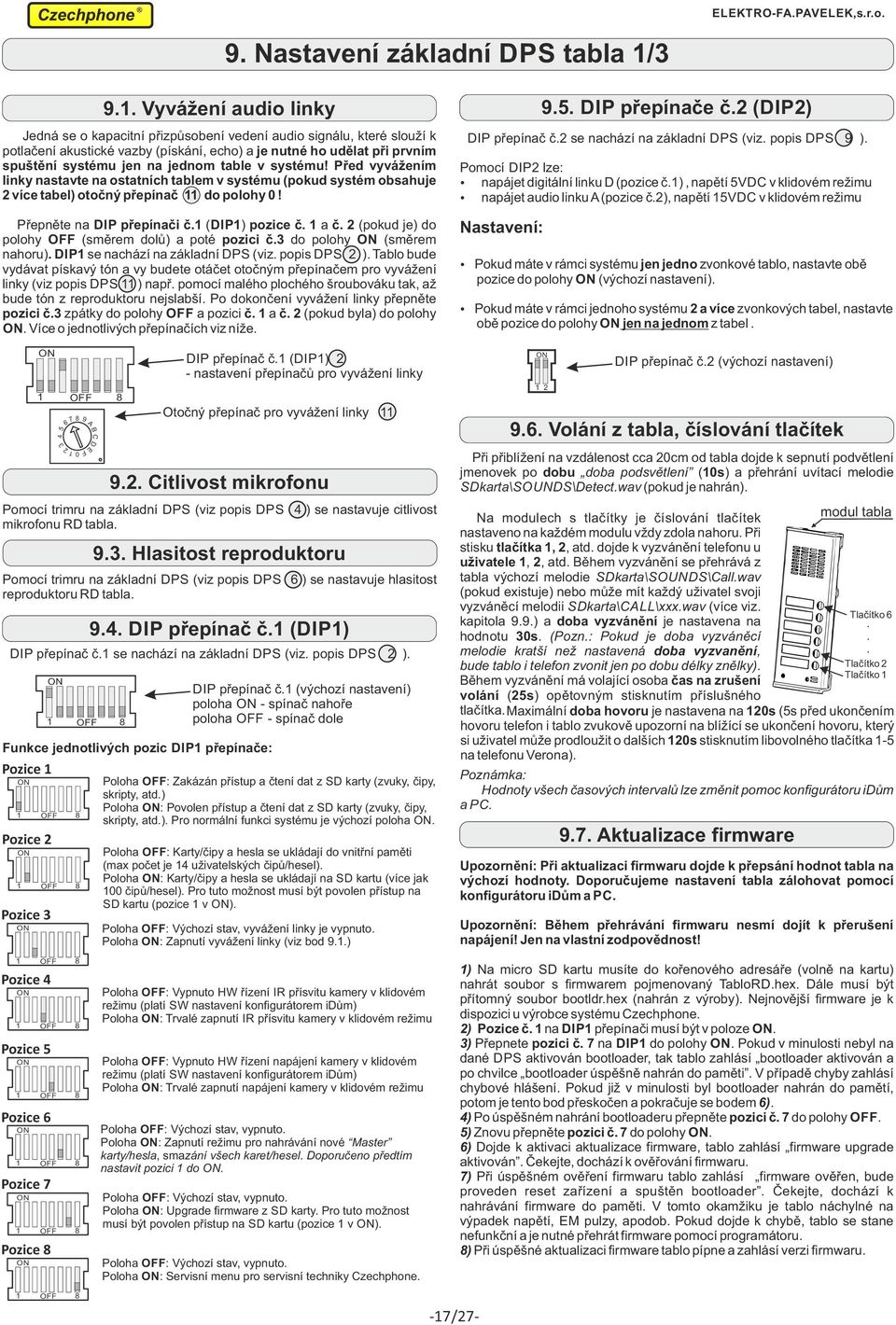 table v systému! Před vyvážením linky nastavte na ostatních tablem v systému (pokud systém obsahuje více tabel) otočný přepínač do polohy 0! Přepněte na IP přepínači č. (IP) pozice č. a č.