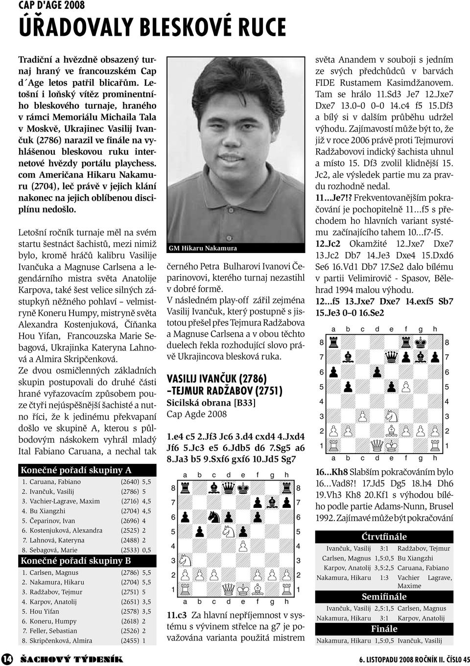 hvězdy portálu playchess. com Američana Hikaru Nakamuru (2704), leč právě v jejich klání nakonec na jejich oblíbenou disciplínu nedošlo.