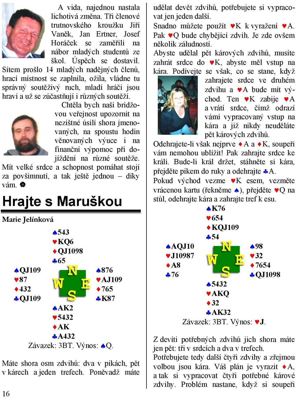 Chtěla bych naši bridžovou veřejnost upozornit na nezištné úsilí shora jmenovaných, na spoustu hodin věnovaných výuce i na finanční výpomoc při dojíždění na různé soutěže.