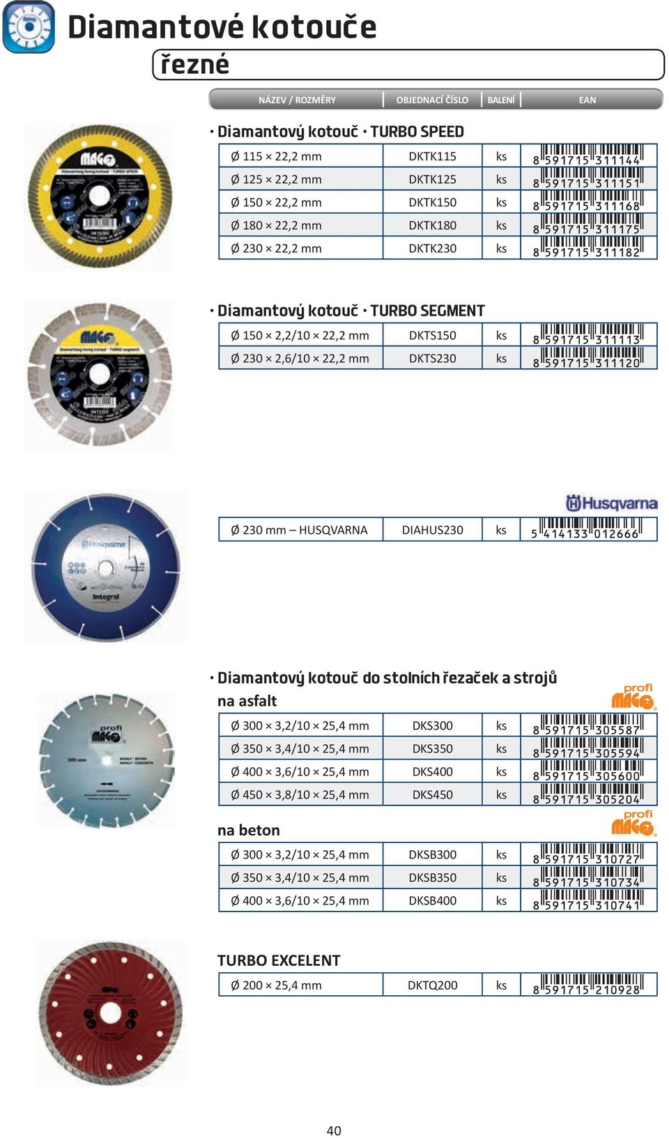 kotouč do stolních řezaček a strojů na asfalt Ø 300 3,2/10 25,4 mm DKS300 Ø 350 3,4/10 25,4 mm DKS350 Ø 400 3,6/10 25,4 mm DKS400 Ø 450 3,8/10 25,4