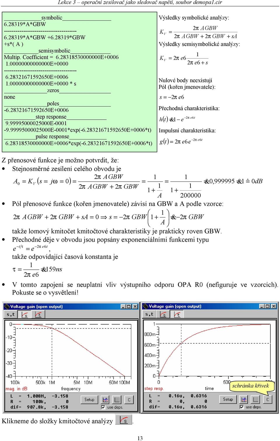 83675965E+6*t) ýslek smoliké nlý: K π AGBW π AGBW + π GBW + sa ýslek semismoliké nlý: K π e6 π e6 + s Nulové o neexistují Pól (kořen jmenovtele): s π e6 Přehoná hrkteristik: h π e6t ( t) & e mpulsní