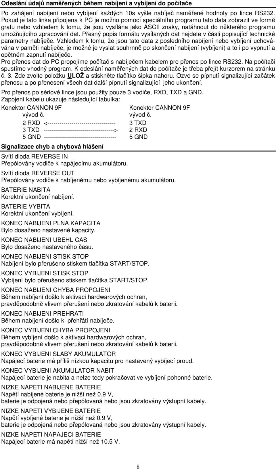 umožňujícího zpracování dat. Přesný popis formátu vysílaných dat najdete v části popisující technické parametry nabíječe.