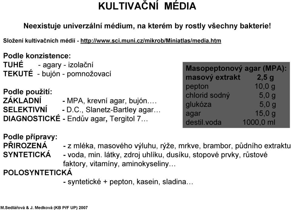 , Slanetz-Bartley agar DIAGNOSTICKÉ - Endův agar, Tergitol7 Masopeptonový agar (MPA): masový extrakt 2,5 g pepton 10,0 g chlorid sodný 5,0 g glukóza 5,0 g agar 15,0 g destil.