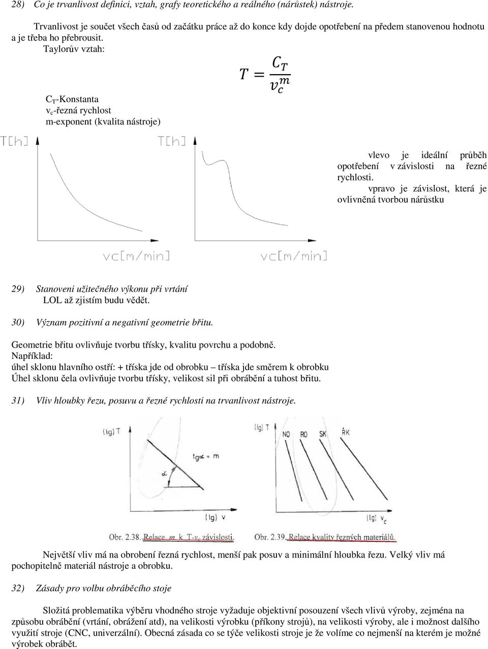 Taylorův vztah: C T -Konstanta v c -řezná rychlost m-exponent (kvalita nástroje) vlevo je ideální průběh opotřebení v závislosti na řezné rychlosti.