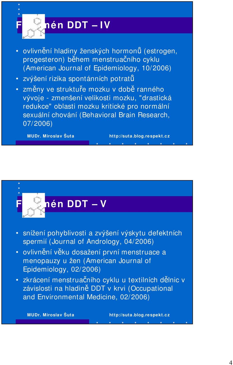 Research, 07/2006) Fenomén DDT V snížení pohyblivosti a zvýšení výskytu defektních spermií (Journal of Andrology, 04/2006) ovlivnění věku dosažení první menstruace a menopauzy