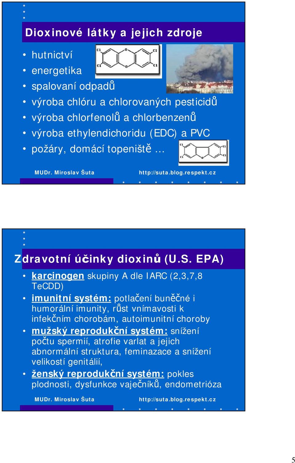 EPA) karcinogen skupiny A dle IARC (2,3,7,8 TeCDD) imunitní systém: potlačení buněčné i humorální imunity, růst vnímavosti k infekčním chorobám,