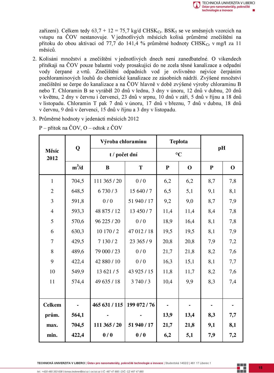 Kolísání množství a znečištění v jednotlivých dnech není zanedbatelné. O víkendech přitékají na ČOV pouze balastní vody prosakující do ne zcela těsné kanalizace a odpadní vody čerpané z vrtů.