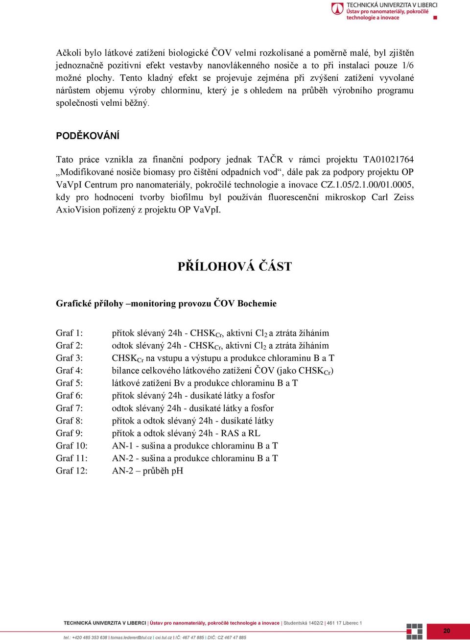 PODĚKOVÁNÍ Tato práce vznikla za finanční podpory jednak TAČR v rámci projektu TA01021764 Modifikované nosiče biomasy pro čištění odpadních vod, dále pak za podpory projektu OP VaVpI Centrum pro