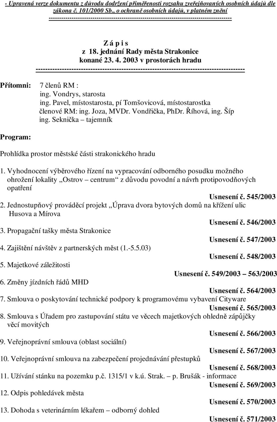 2003 v prostorách hradu ---------------------------------------------------------------------------------------- Přítomni: 7 členů RM : ing. Vondrys, starosta ing.