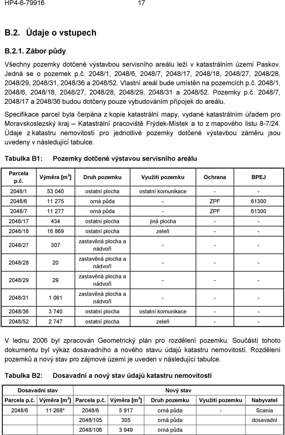 Specifikace parcel byla čerpána z kopie katastrální mapy, vydané katastrálním úřadem pro Moravskoslezský kraj Katastrální pracoviště Frýdek-Místek a to z mapového listu 8-7/24.