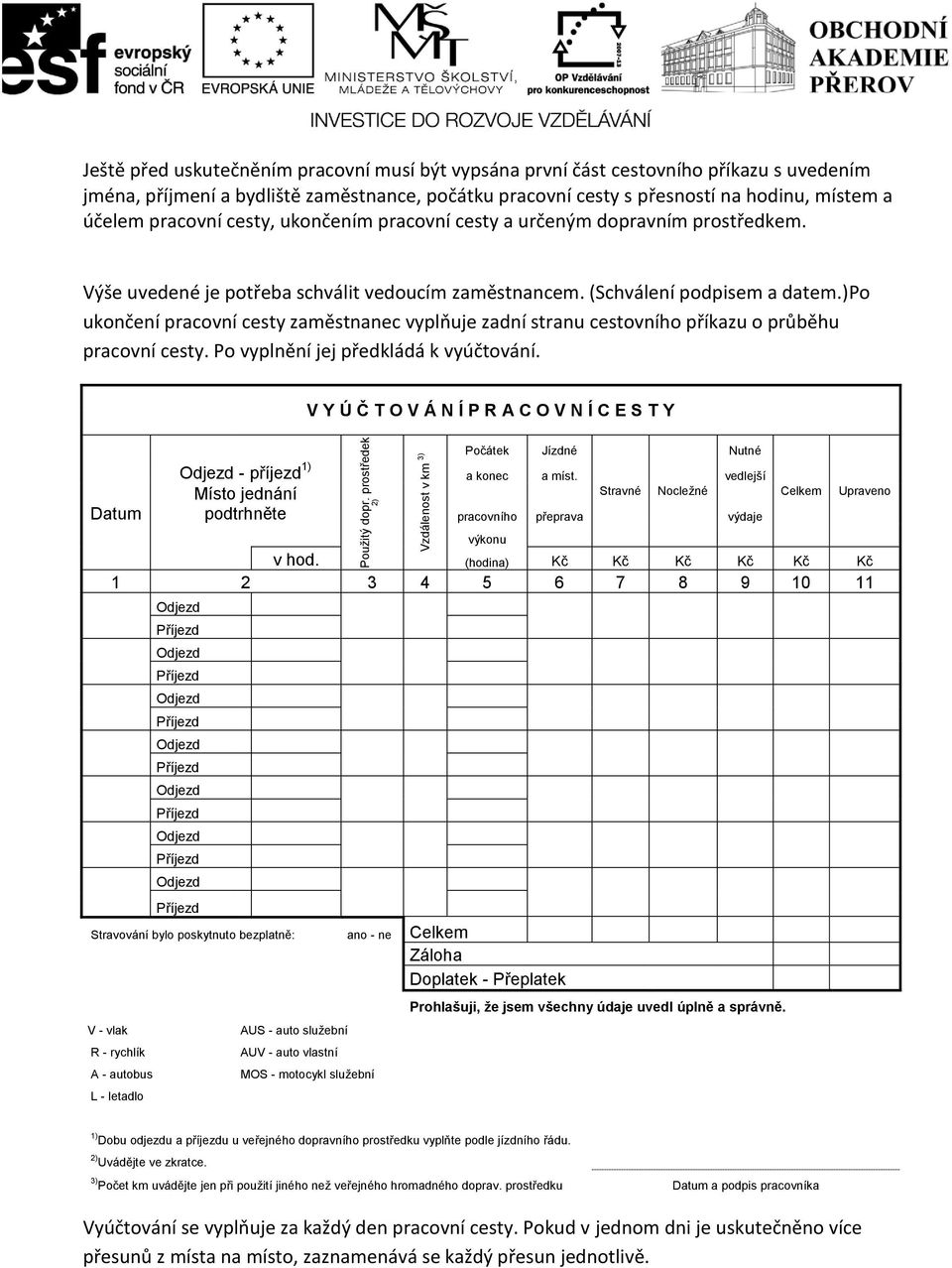 účelem pracovní cesty, ukončením pracovní cesty a určeným dopravním prostředkem. Výše uvedené je potřeba schválit vedoucím zaměstnancem. (Schválení podpisem a datem.