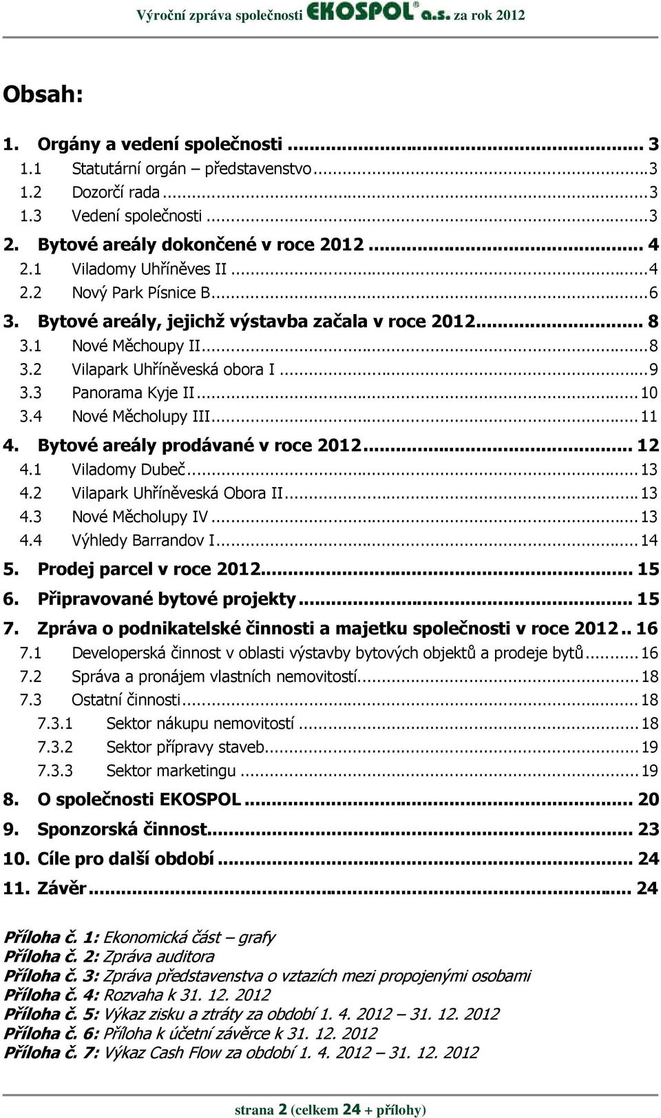 .. 9 3.3 Panorama Kyje II... 10 3.4 Nové Měcholupy III... 11 4. Bytové areály prodávané v roce 2012... 12 4.1 Viladomy Dubeč... 13 4.2 Vilapark Uhříněveská Obora II... 13 4.3 Nové Měcholupy IV... 13 4.4 Výhledy Barrandov I.