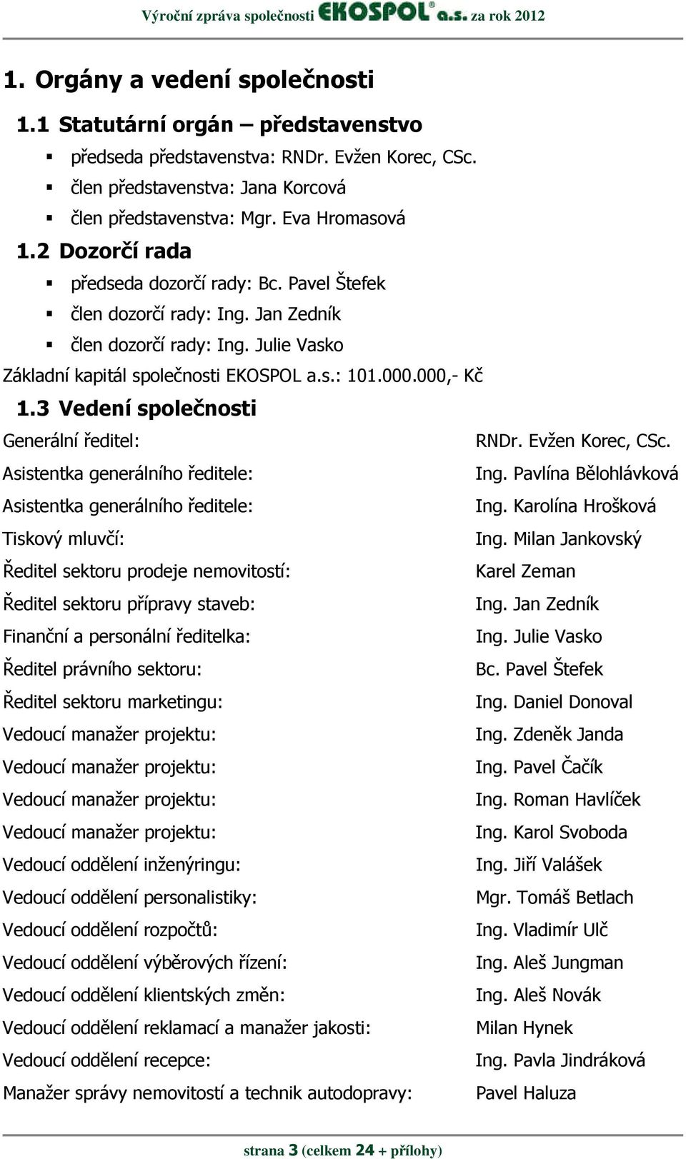 Julie Vasko Základní kapitál společnosti EKOSPOL a.s.: 101.000.000, Kč 1.3 Vedení společnosti Generální ředitel: RNDr. Evžen Korec, CSc. Asistentka generálního ředitele: Ing.