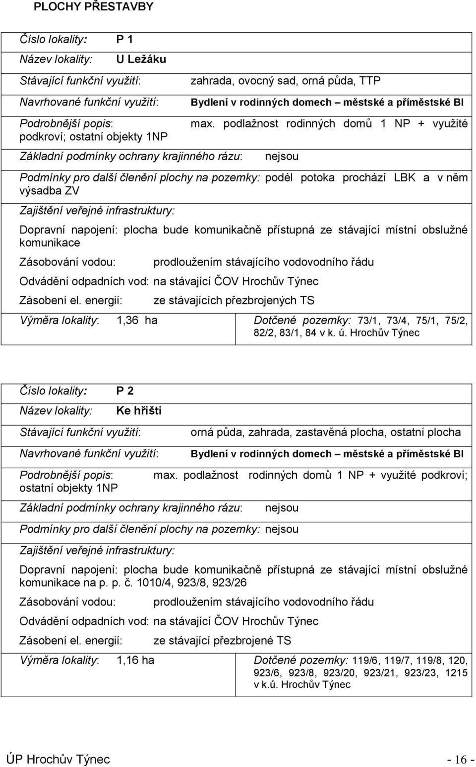 podlažnost rodinných domů 1 NP + využité nejsou Podmínky pro další členění plochy na pozemky: podél potoka prochází LBK a v něm výsadba ZV Zajištění veřejné infrastruktury: Dopravní napojení: plocha