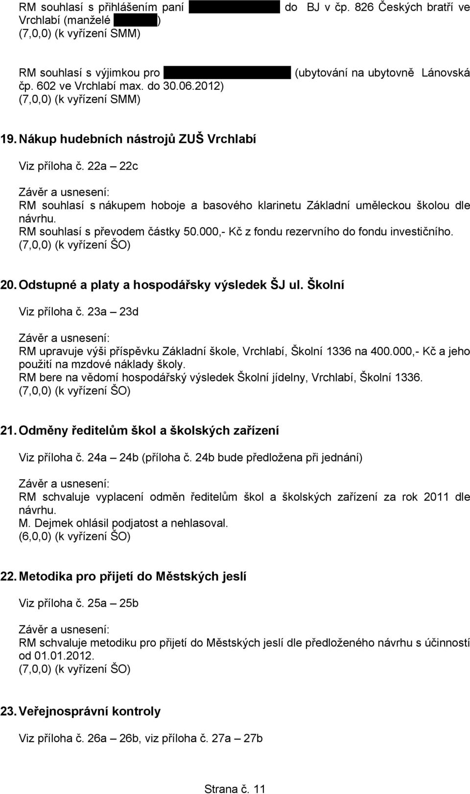 RM souhlasí s převodem částky 50.000,- Kč z fondu rezervního do fondu investičního. (k vyřízení ŠO) 20.Odstupné a platy a hospodářsky výsledek ŠJ ul. Školní Viz příloha č.