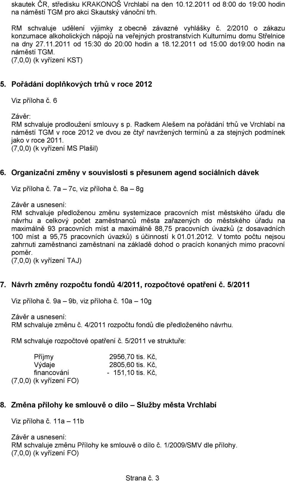 (k vyřízení KST) 5. Pořádání doplňkových trhů v roce 2012 Viz příloha č. 6 Závěr: RM schvaluje prodloužení smlouvy s p.