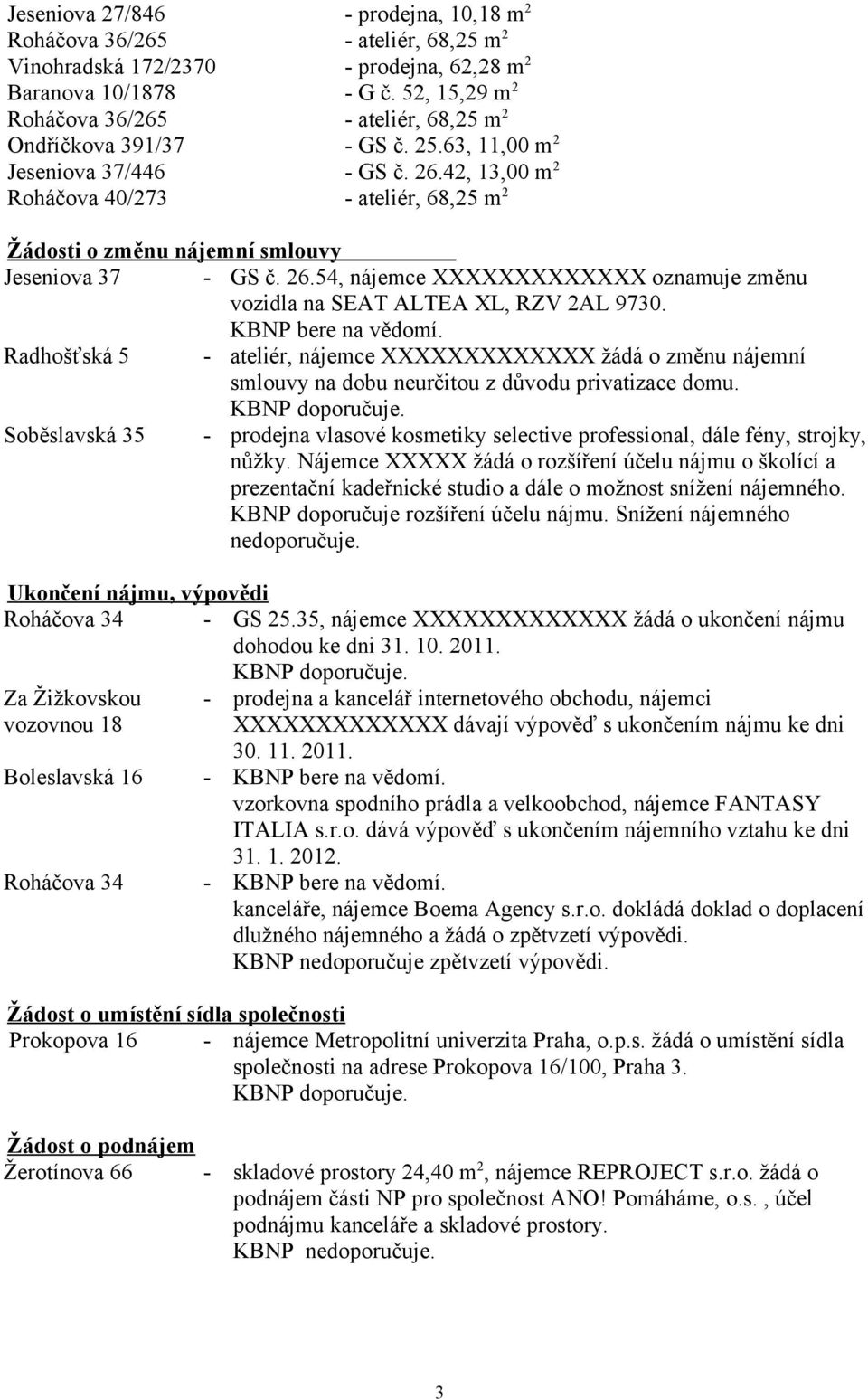 42, 13,00 m 2 Roháčova 40/273 ateliér, 68,25 m 2 Žádosti o změnu nájemní smlouvy Jeseniova 37 Radhošťská 5 Soběslavská 35 GS č. 26.