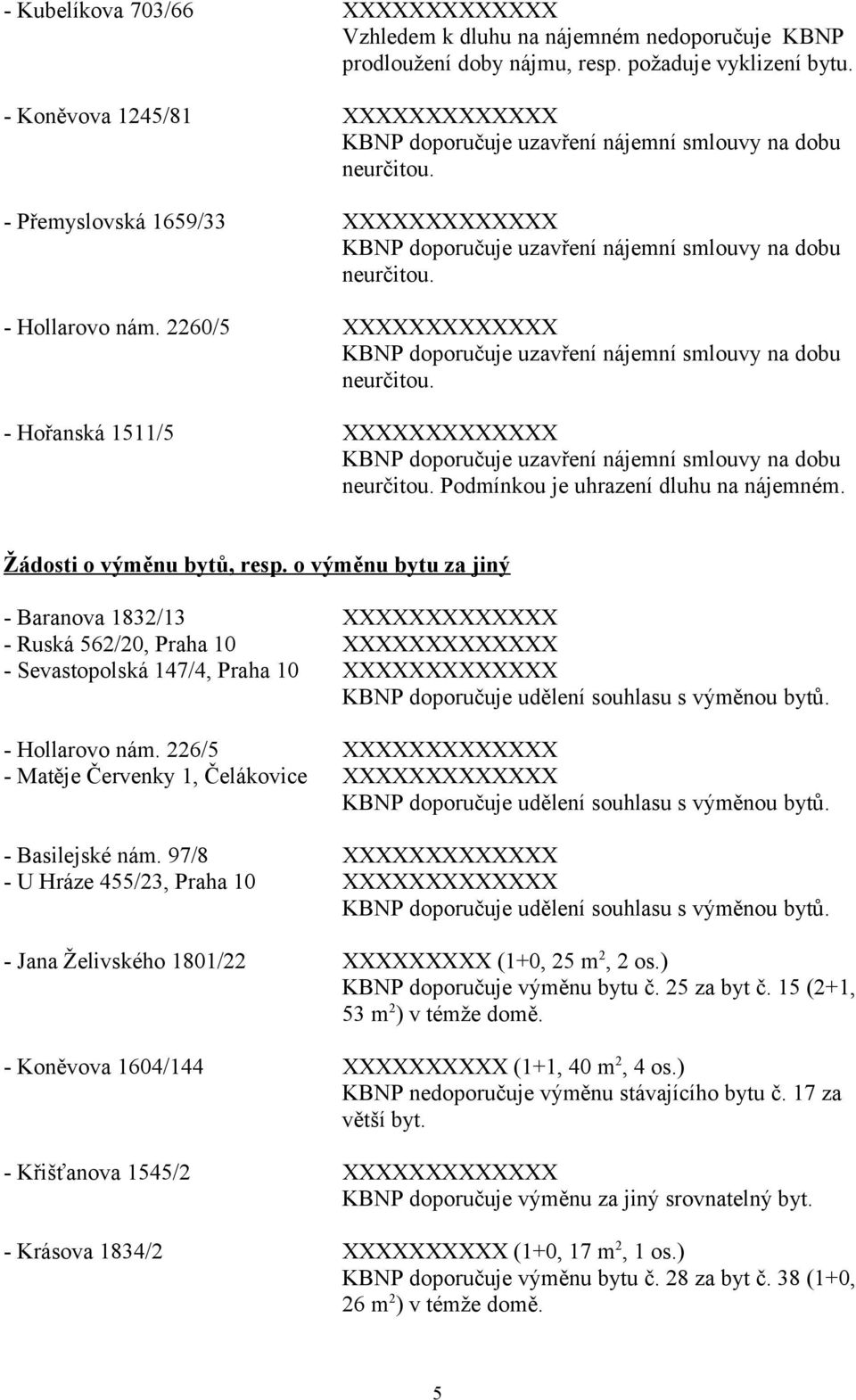 2260/5 XXXXXXXXXXXXX KBNP doporučuje uzavření nájemní smlouvy na dobu neurčitou. Hořanská 1511/5 XXXXXXXXXXXXX KBNP doporučuje uzavření nájemní smlouvy na dobu neurčitou.