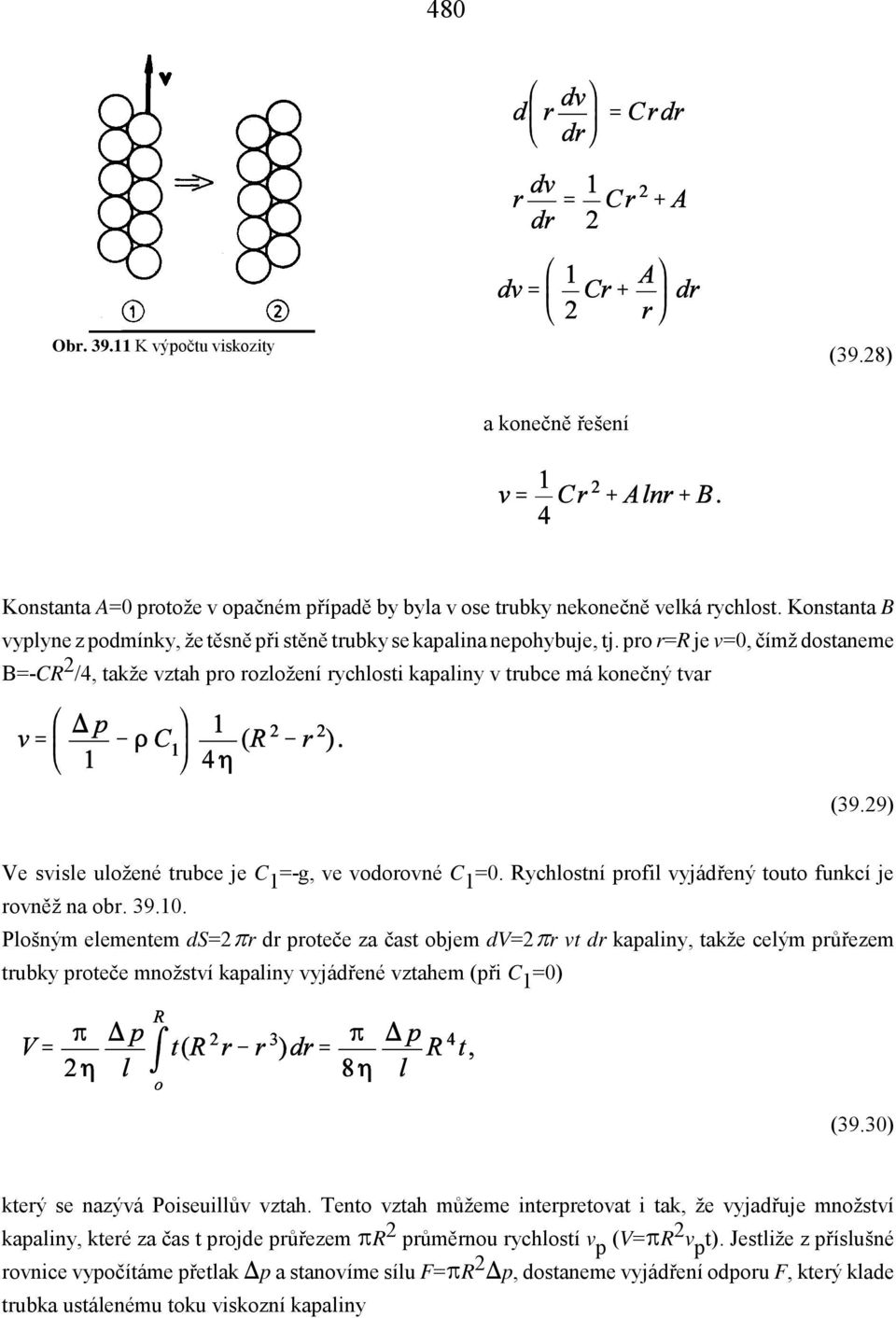 pro r=r je v=0, čímž dostaneme B=-CR 2 /4, takže vztah pro rozložení rychlosti kapaliny v trubce má konečný tvar (39.29) Ve svisle uložené trubce je C 1 =-g, ve vodorovné C 1 =0.