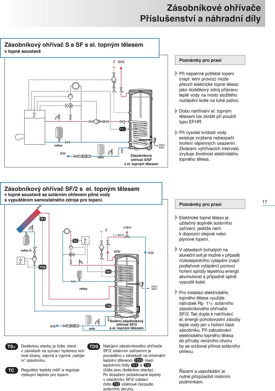 topným tělesem lze zkrátit při použití typu EFHR reflex refix Zásobníkový ohřívač S/SF s el. topným tělesem 230V/ 400V Při vysoké tvrdosti vody existuje zvýšené nebezpečí tvoření vápenných usazenin.