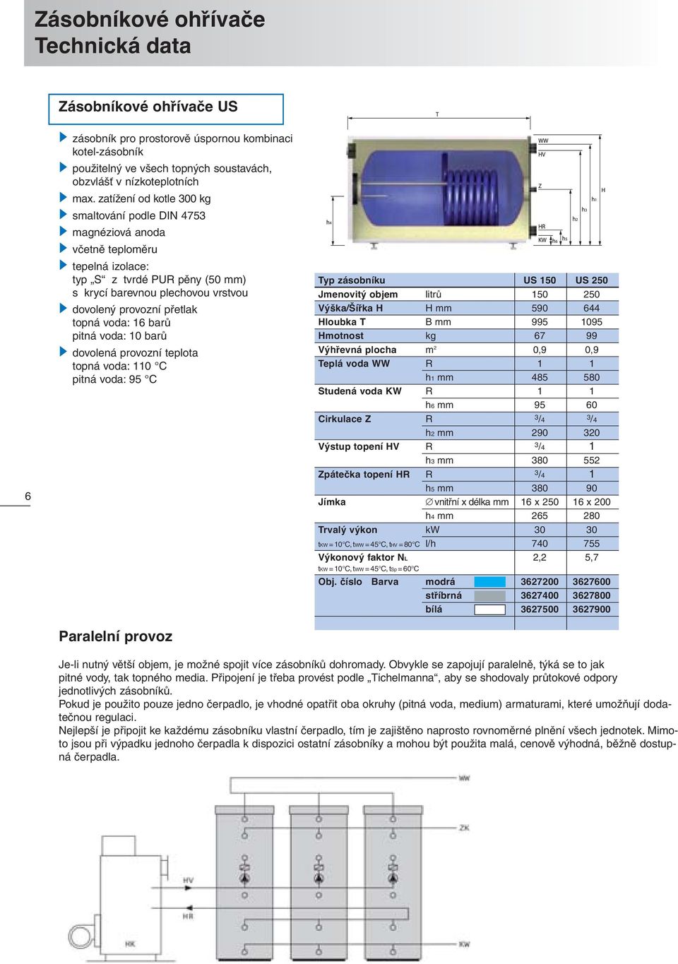 voda: 16 barů pitná voda: 10 barů dovolená provozní teplota topná voda: 110 C pitná voda: 95 C Paralelní provoz Typ zásobníku US 150 US 250 Jmenovitý objem litrů 150 250 Výška/Šířka H H mm 590 644