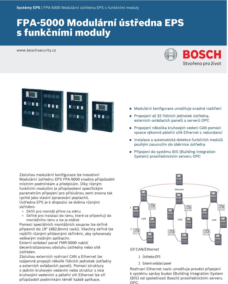 páteřní sítě Ethernet s redndancí nstalace a atomatická detekce fnkčních modlů pohým zasntím do sběrnice ústředny Připojení do systém BS (Bilding ntegration System) prostřednictvím server OPC Záslho