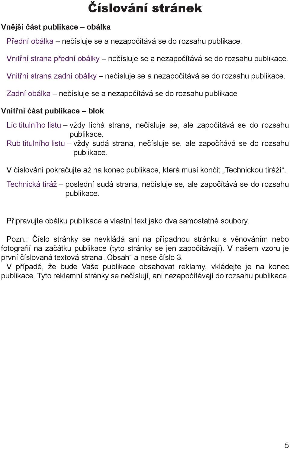 Vnitřní část publikace blok Líc titulního listu vždy lichá strana, nečísluje se, ale započítává se do rozsahu publikace.