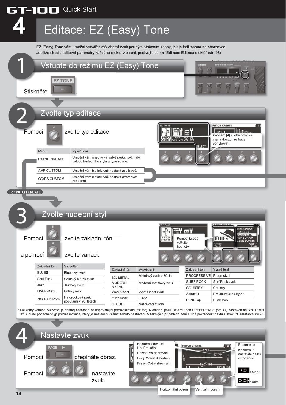 16) Vstupte do režimu EZ (Easy) Tone Stiskněte Zvolte typ editace Pomocí Menu PATCH CREATE AMP CUSTOM OD/DS CUSTOM zvolte typ editace Vysvětlení Umožní vám snadno vytvářet zvuky, počínaje volbou