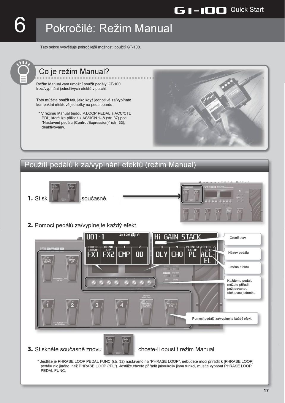 * V režimu Manual budou P.LOOP PEDAL a ACC/CTL PDL, které lze přiřadit k ASSIGN 1--8 (str. 37) pod Nastavení pedálu (Control/Expression) (str. 33), deaktivovány.