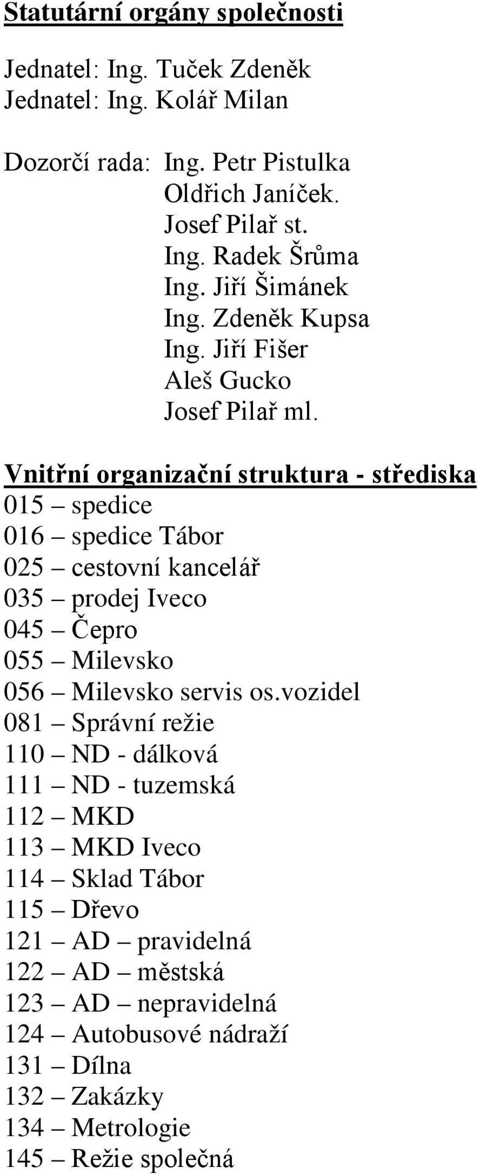 Vnitřní organizační struktura - střediska 015 spedice 016 spedice Tábor 025 cestovní kancelář 035 prodej Iveco 045 Čepro 055 Milevsko 056 Milevsko servis os.