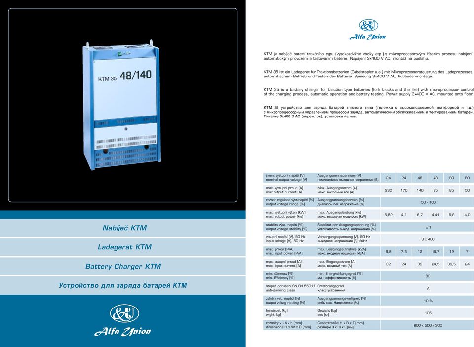 KTM 35 is a battery charger for traction type batteries (fork trucks and the like) with microprocessor control of the charging process, automatic operation and battery testing.