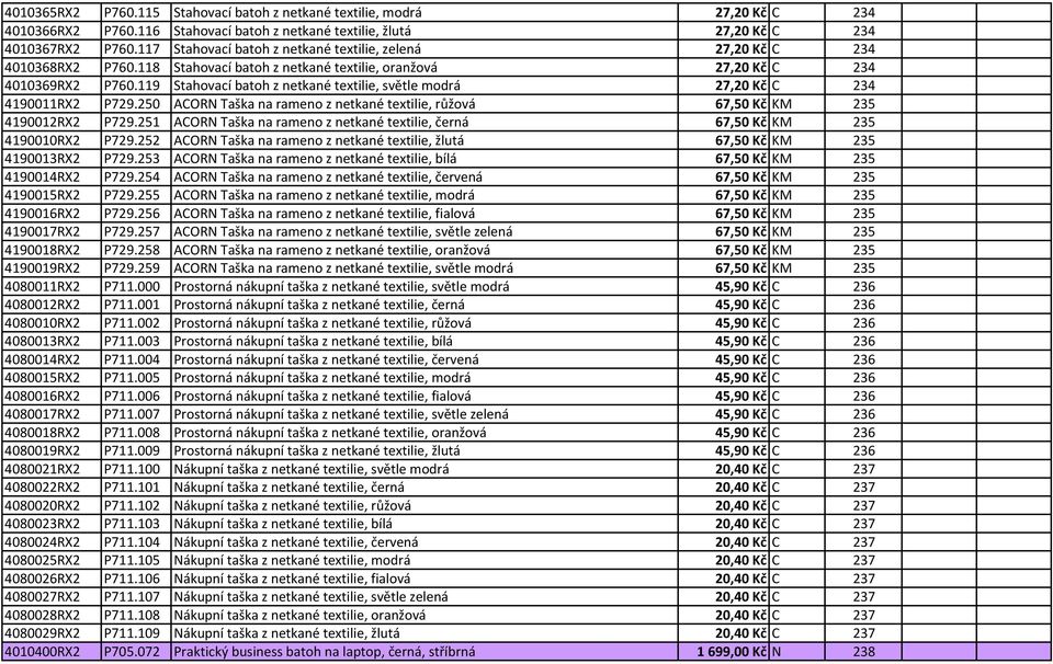 119 Stahovací batoh z netkané textilie, světle modrá 27,20 Kč C 234 4190011RX2 P729.250 ACORN Taška na rameno z netkané textilie, růžová 67,50 Kč KM 235 4190012RX2 P729.