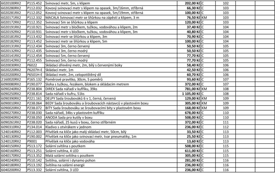 352 Svinovací 5m se šňůrkou a klipem 120,00 Kč C 103 6020191RX2 P110.921 Svinovací metr s bločkem, tužkou, vodováhou a klipem, 2m 37,40 Kč C 104 6020192RX2 P110.