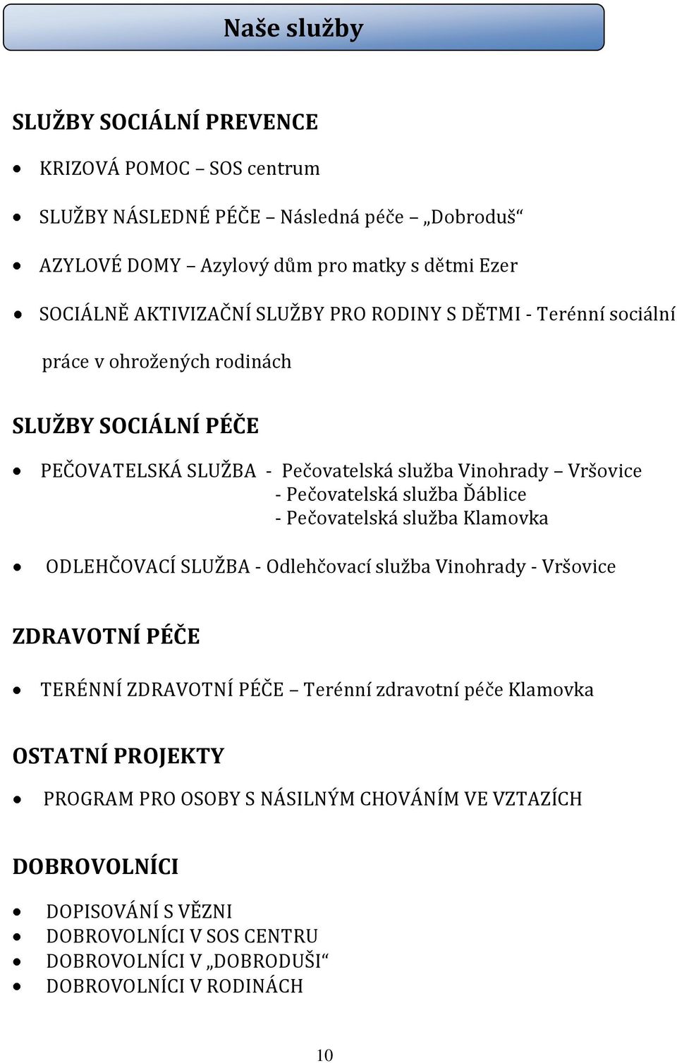 Pečvatelská služba Ďáblice - Pečvatelská služba Klamvka ODLEHČOVACÍ SLUŽBA - Odlehčvací služba Vinhrady - Vršvice ZDRAVOTNÍ PÉČE TERÉNNÍ ZDRAVOTNÍ PÉČE Terénní zdravtní