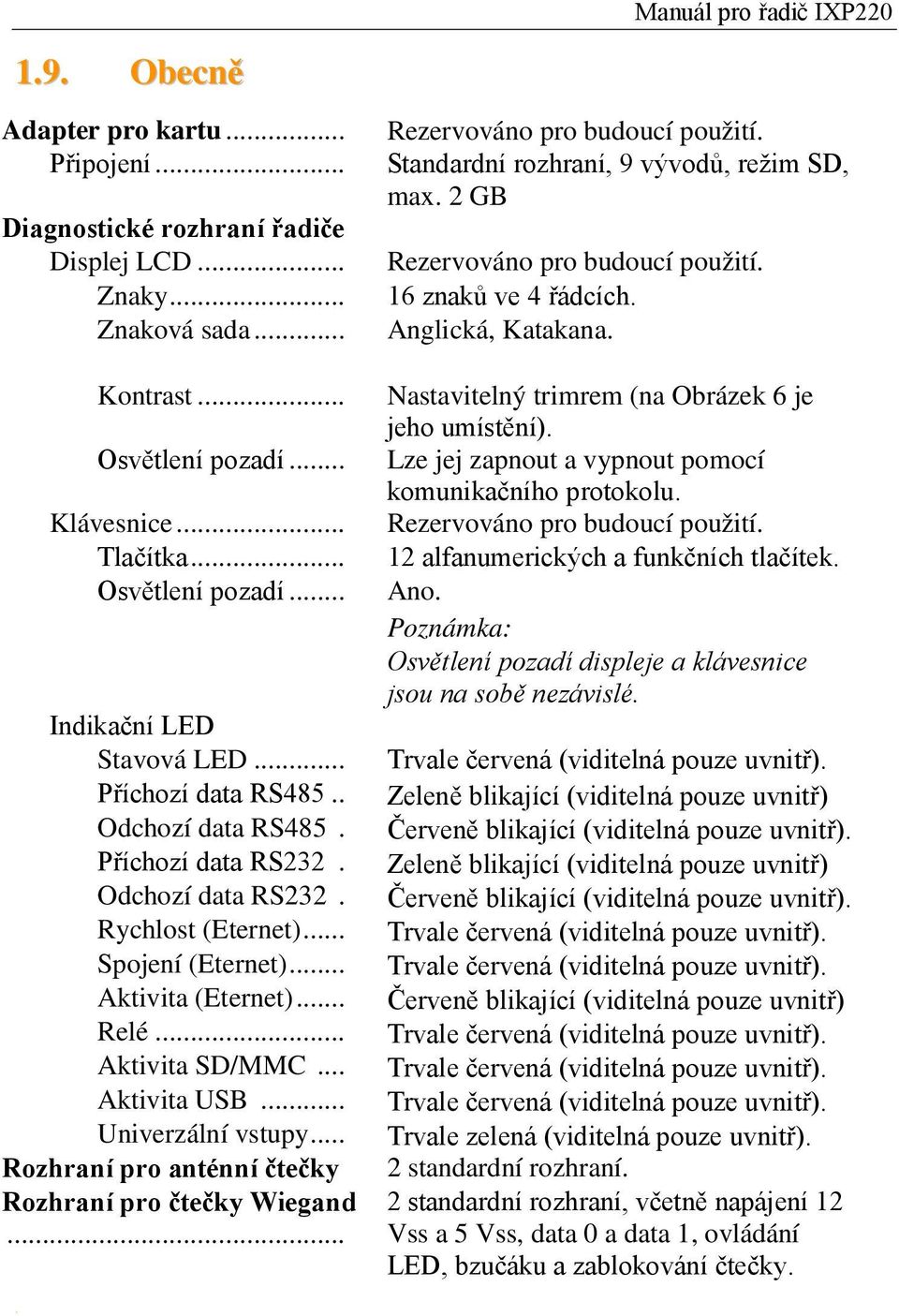 .. Relé... Aktivita SD/MMC... Aktivita USB... Univerzální vstupy... Rozhraní pro anténní čtečky Rozhraní pro čtečky Wiegand... Standardní rozhraní, 9 vývodů, režim SD, max. 2 GB 16 znaků ve 4 řádcích.