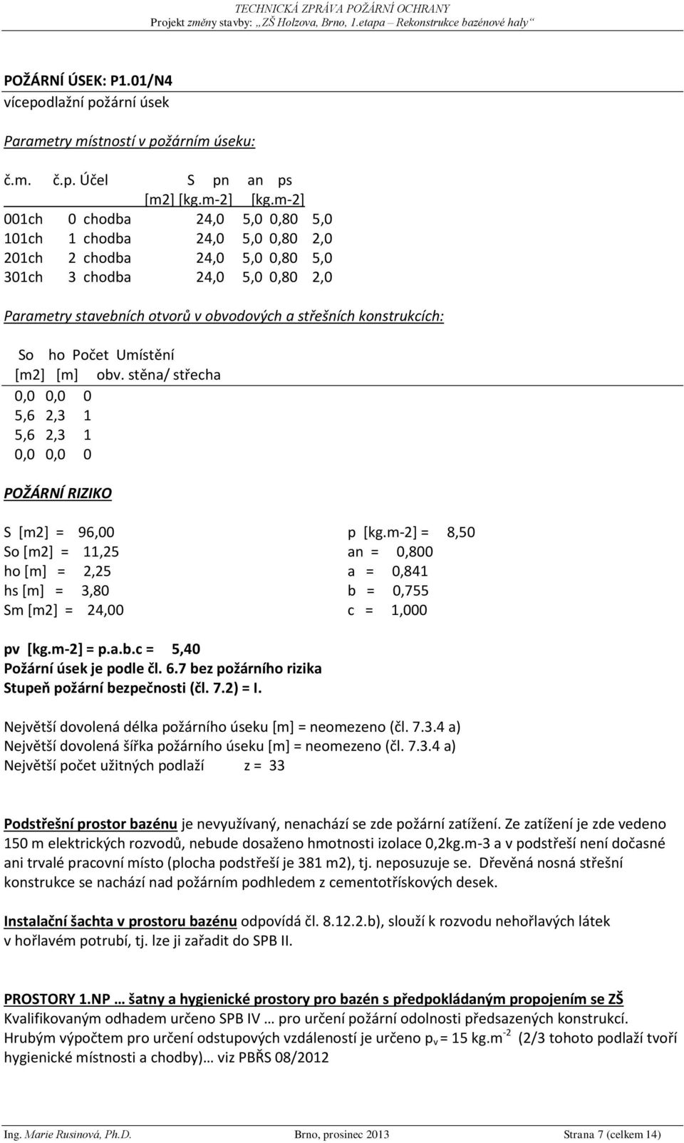 konstrukcích: So ho Počet Umístění [m2] [m] obv. stěna/ střecha 0,0 0,0 0 5,6 2,3 1 5,6 2,3 1 0,0 0,0 0 POŽÁRNÍ RIZIKO S [m2] = 96,00 So [m2] = 11,25 ho [m] = 2,25 hs [m] = 3,80 Sm [m2] = 24,00 p [kg.