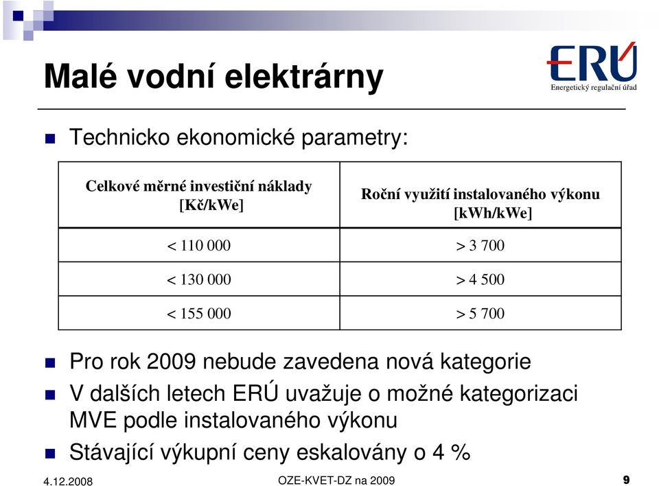 700 Pro rok 2009 nebude zavedena nová kategorie V dalších letech ERÚ uvažuje o možné